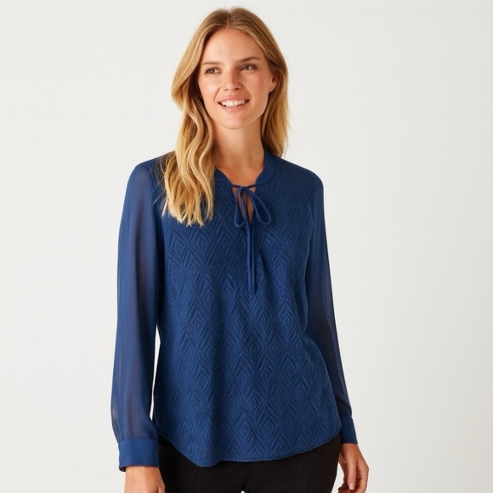 Banana Republic Navy Blue Textured Tie-Neck Blouse